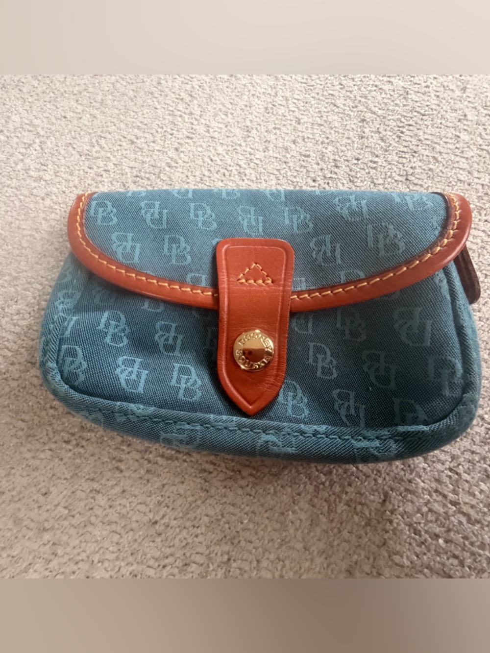 Dooney & Bourke Mini Purse wristlet Monogram Blue Canvas Leather Trim Small Bag